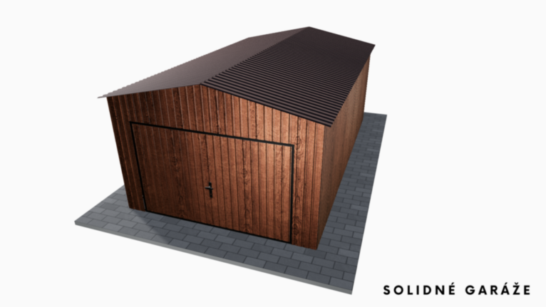 Plechová garáž v imitácii dreva 3.5x6 m so sedlovou strechou / Výklopná brána