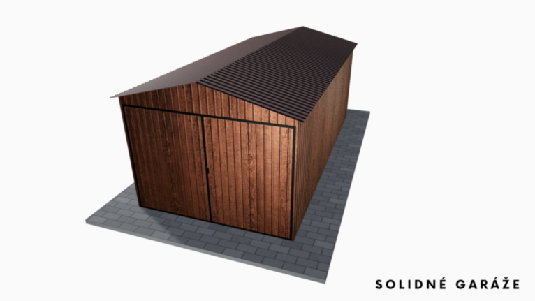 Plechová garáž v imitácii dreva 3x5 m so sedlovou strechou / Výklopná brána