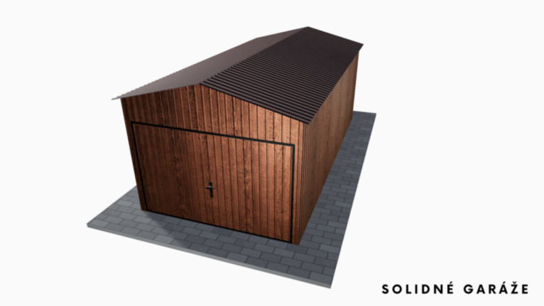 Plechová garáž v imitácii dreva 3x6 m so sedlovou strechou / Výklopná brána