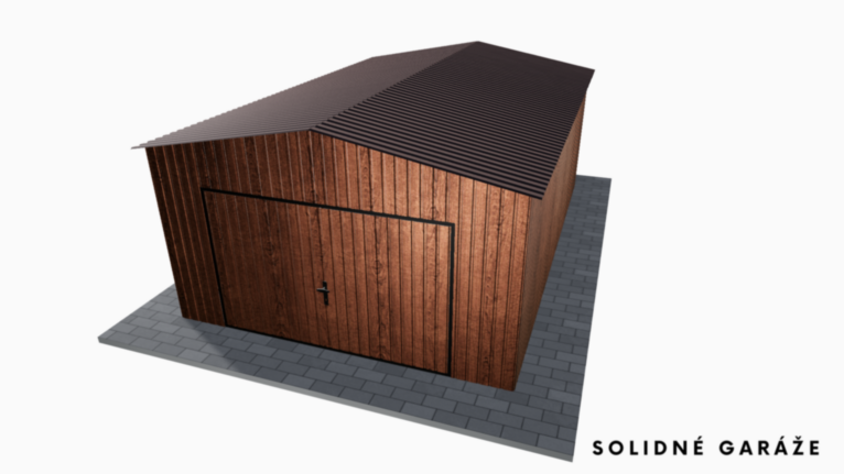 Plechová garáž v imitácii dreva 4x6 m so sedlovou strechou / Výklopná brána