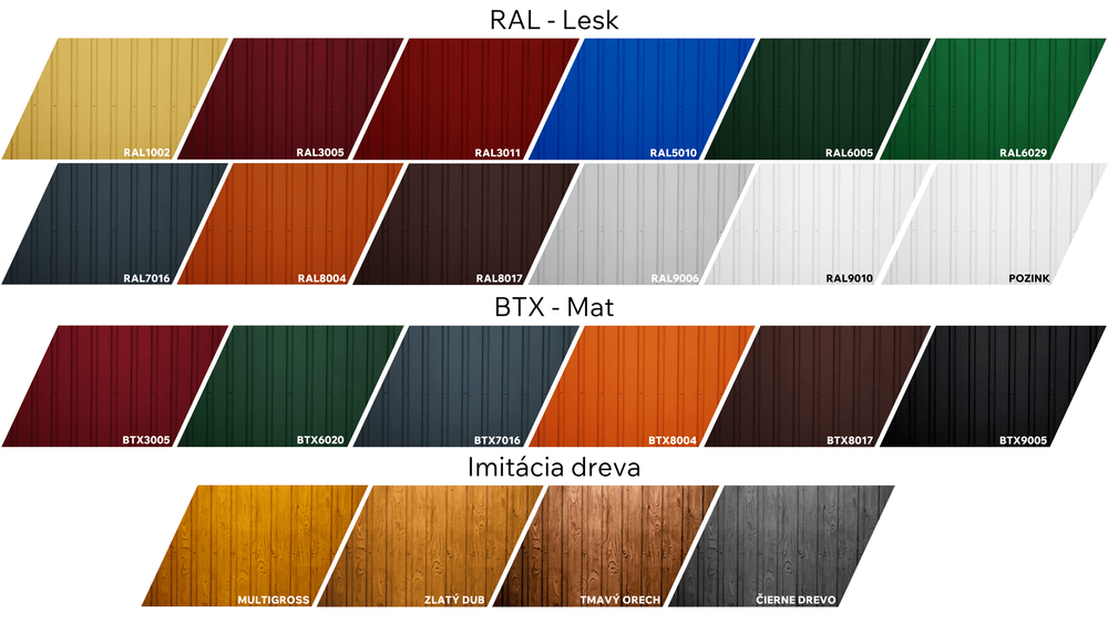 Vzorkovník farieb plechových garáží – vzory RAL, BTX a imitácia dreva